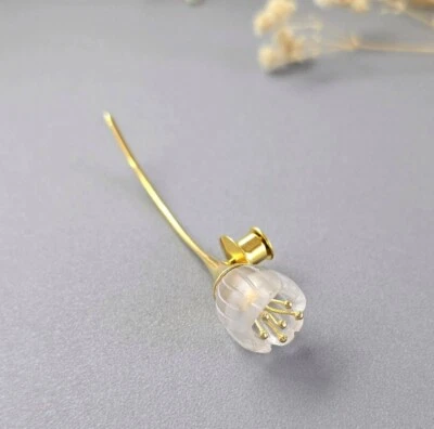 Broche prendedor flor tallo largo cristal roca plata esterlina chapado en oro único elegante Foto 1 de 4