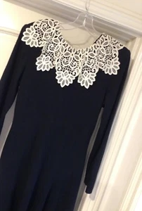 NEW Victorian Vtg 10 Wool Lace Collar Black Fitted mid Calf Flared Winter Dress - Picture 1 of 11