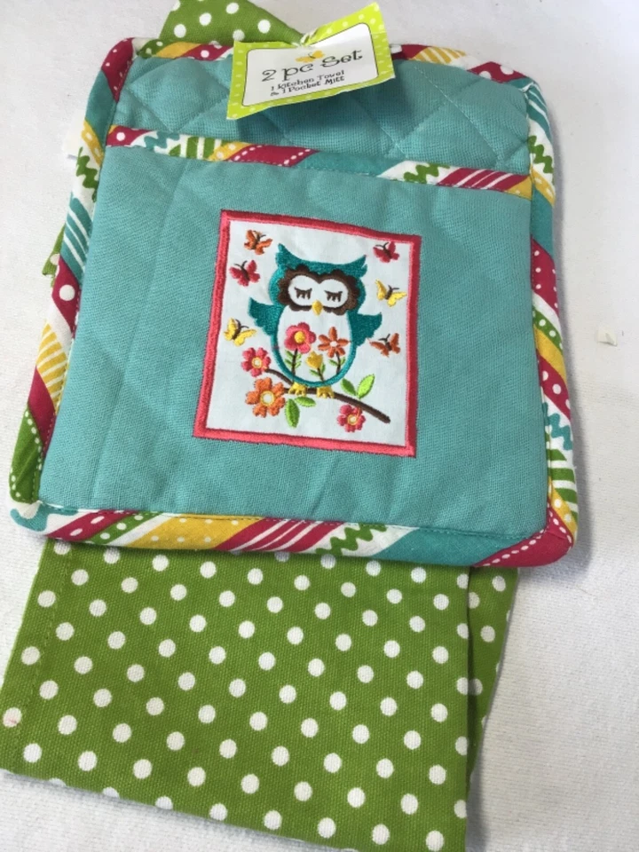 SOPORTE PARA OLLA Y TOALLA DE COCINA RITZ VERDE LUNARES TURQUESA BÚHO 100% ALGODÓN NUEVO CON ETIQUETAS Foto 1 de 4