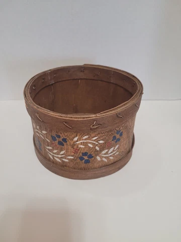 Handpainted Primitive Bentwood Basket  Floral Design Stenciled Decor Art Native Cover