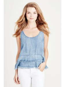 True Religion Women's Ruffle Tencel Tank Top Shirt in Indigo - Picture 1 of 4