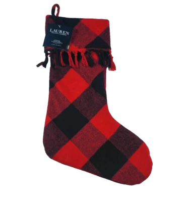 Ralph Lauren Christmas Holiday Stocking Red / Black Plaid 10" x 20" Brand New - Image 1 of 4