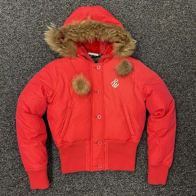 Vintage Y2K Rocawear Down Jacket Womens S Puffer Cropped Fur Hooded Embroidered - Image 1 of 4