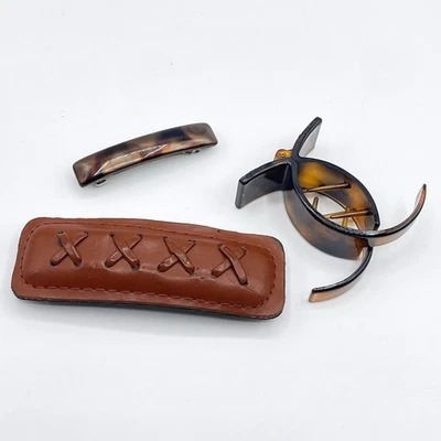 Vintage Hair Barette Lot Brown France Claw Clip Leather Snap Clasp Mock Torti 3x - Image 1 of 4