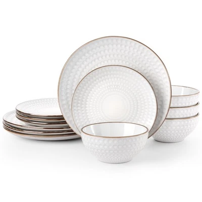 Eden Plates and Bowls Sets, Stoneware Dinnerware Sets with Gold Trim, 12 Piec... - Image 1 of 4