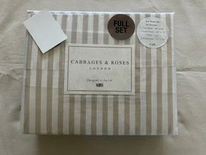 NEW 4pc Cabbages & Roses Full Sheet Set STRIPED - LINEN Sand and White 200 TC - Picture 1 of 4