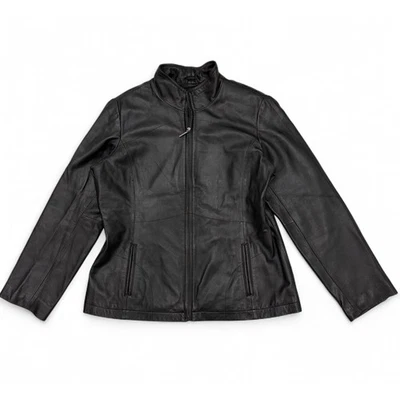 Винтажная черная 100% кожаная куртка на молнии George Moto Grudge женская большая 12/14 - Изображение 1 из 4