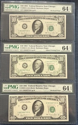 1981 $10 Federal Chicago  OFFSET PRINTING ERROR WITH BOOKENDS PMG 64 EPQ 3 NOTES - Image 1 of 4