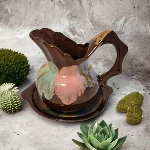 Vintage Brown Pastel Drip Glaze Water Wash Pitcher Basin Pink Blue MCM Boho Vase - Picture 1 of 11