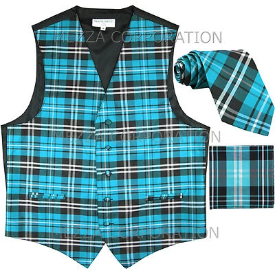 New Vesuvio Napoli Men's plaid Tuxedo Vest_Necktie & Hankie set Turquoise blue - Image 1 of 4