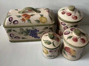 Vintage Lillian Vernon Bread Box Canisters Fruit Prints Handpainted Cherry Apple - Picture 1 of 24