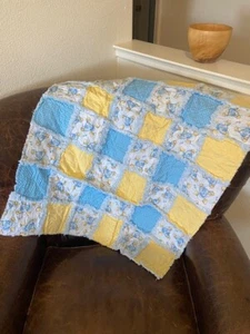 Custom Hand Made Blue and Yellow Elephant Rag Quilt Baby Blanket 36" x 31" - Picture 1 of 5