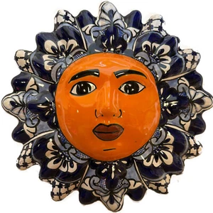 "Cerámica de jardín mexicana hecha a mano Talavera cerámica azul sol cara 12" - Imagen 1 de 3