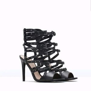 NEW ZARA BLACK LEATHER STRAPPY BUCKLE GLADIATOR SANDALS SHOES HIGH HEELS 