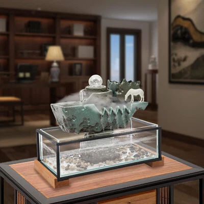 Indoor Resin Glass Fish Tank Waterfall Feng Shui Good Luck Wealth Fountain Decor - Image 1 of 4