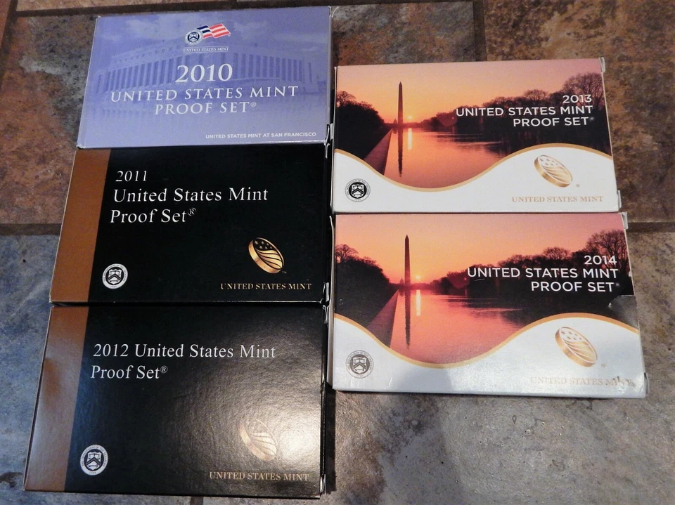 2010 2011 2012 2013 & 2014 US PROOF SETS IN ORIGINAL PACKAGING 5 SET COLLECTION - Image 1 of 1