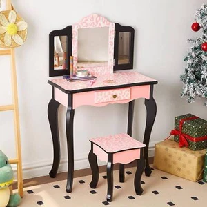 Kids Toddle Vanity Table Makeup Set for W/ Drawers Dressing Desk w/ Mirror Stool - Picture 1 of 9