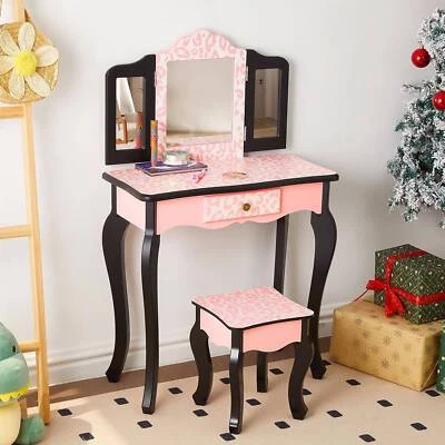Kids Toddle Vanity Table Makeup Set for W/ Drawers Dressing Desk w/ Mirror Stool - Image 1 of 4