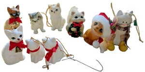 Weihnachten Katze Ornament Sammlung 8 Vintage Porzellan beflockt Fell Kätzchen - Bild 1 von 11