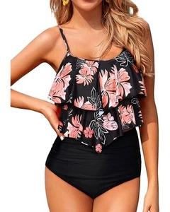 Black Floral High Waisted Tankini Swimsuits for Women Ruffle Tops with Tummy ... - Picture 1 of 4