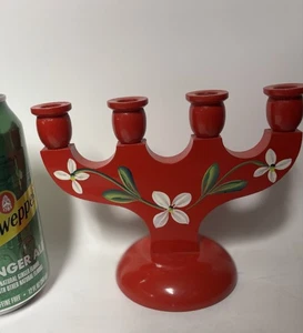 RARE SVARV TRASLOJD AB SWEDEN MCM FOLK ART WOODEN Candelabra 4 Candle Holder Red - Picture 1 of 3