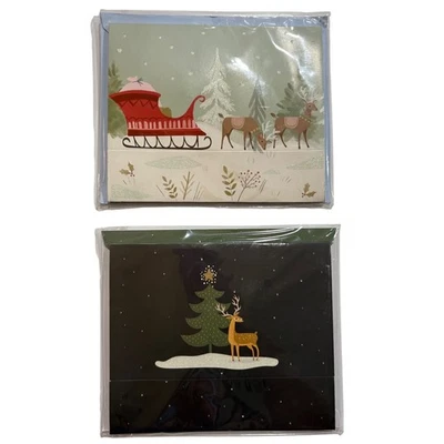2 Santa Sleigh Reindeer Shadowbox Christmas Cards Deer Tree Snowman - Image 1 of 4