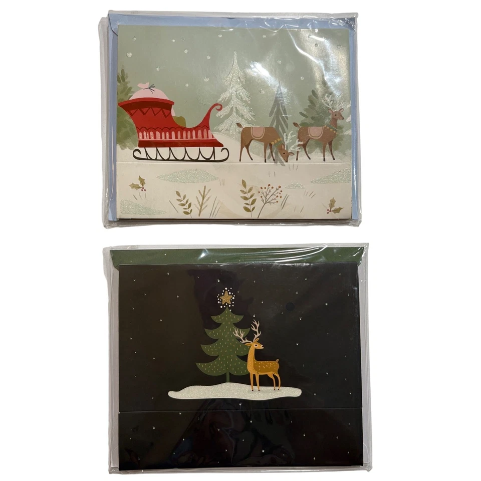 2 Santa Sleigh Reindeer Shadowbox Christmas Cards Deer Tree Snowman - Image 1 of 4