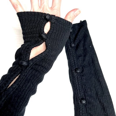 Long Arm Warmers Black Ribbed Button Sweater Knit Sleeves Elbow Length Covers OS - Image 1 of 4