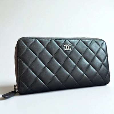 Chanel Matelasse Cartera Redonda Cremallera Piel de Cordero Marca de Coco Auténtica Foto 1 de 4