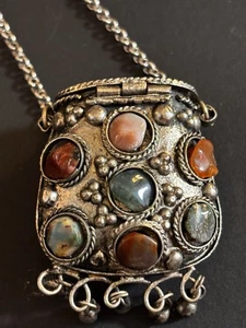 Ethnic Silver tone Agate stone Handcrafted Purse Pendant 30" Chain Necklace. - Picture 1 of 9