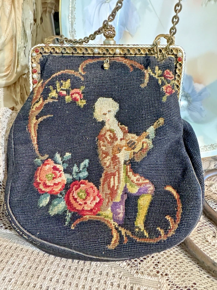 Antiguo Bolso de Mano Pequeño Punto Escénico Hombre Tocando Guitarra y Rosas Cartera #6 Foto 1 de 4