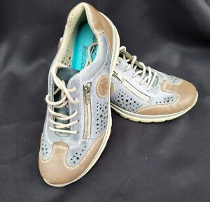 Womens 6.5 Rieker Casual Trainer Light Blue Gray Leather Sneakers Memosoft