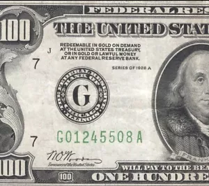 1928-A $100 Chicago FRN "RISCATTABILE IN ORO" FR 2151-G 45508 - Foto 1 di 3