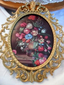 Pair of 1980's ITALIAN GOLD DORE METAL OVAL FRAMED FLORAL PRINTS CONVEX GLASS - Picture 1 of 11