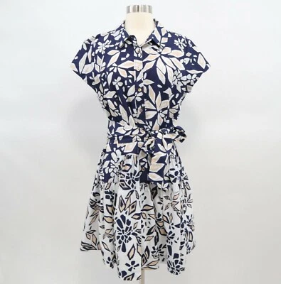 DvF рубашка платье женщин алый цветочный синий белый галстук талии плиссированные трапеции размер 14 - Изображение 1 из 4