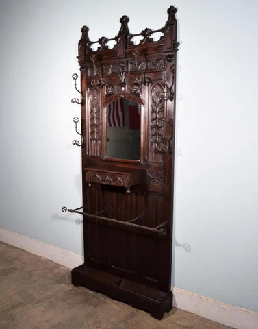 *Antique French Gothic Hall Tree/Hall Stand/Coat/Hat Rack in Solid Chestnut Wood Cover