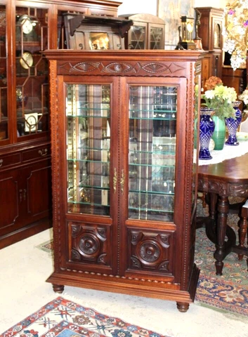 French Antique Mahogany  Display Cabinet With 4 Glass Shelves Cover