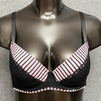 Angelina 38DDD Burlesque Balconette Molded Underwire Bra Black Pink Striped - Image 1 of 4