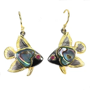 925 Sterling Silver Earrings Round Ruby Mop Natural Gemstone Fish Jewelry - Picture 1 of 14