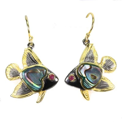 925 Sterling Silver Earrings Round Ruby Mop Natural Gemstone Fish Jewelry - Image 1 of 4