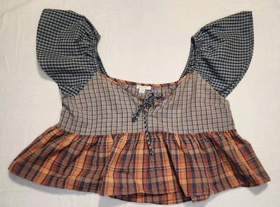 Top American Eagle Marrón Campesino Boho Mixto Cuadros Patchwork Talla Grande Indie Foto 1 de 4