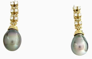 14k-y Gold graue Tahitiperle Ohrhänger durchbohrt Ohrstecker mit Diamant - Bild 1 von 4