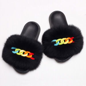Shoes Real Farm Fox Fur Slippers Shiny Chain Plush Fluffy Sandals Furry Slides