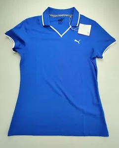 Puma Dry Cell V-Neck Wmn's S Short Sleeve Blue/White Trim Golf Pique Polo Shirt - Picture 1 of 12