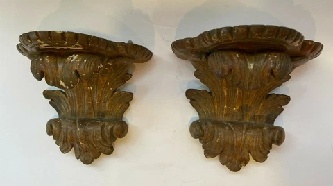 Antique Terracotta Corbels 2 Italian Gilded Acanthus Leaf Wall Bracket Shelf VTG Cover