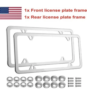 2Pcs Chrome Stainless Steel Metal License Plate Frame Tag Cover With Screw Caps - Picture 1 of 12