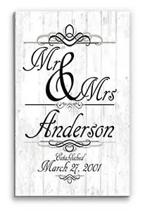 Mr & Mrs Wedding Gift Sign Personalized Name and Established Date Solid Wood - Picture 1 of 5