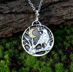 Vintage Charm Pendant Boho Necklace Moon Forest Tree Crow Raven Men Women New - Picture 1 of 12