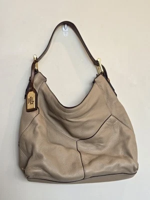 Ralph Lauren Purse Tan Beige Natural Leather Slouch Hobo Shoulder Bag Gold  - Image 1 of 4
