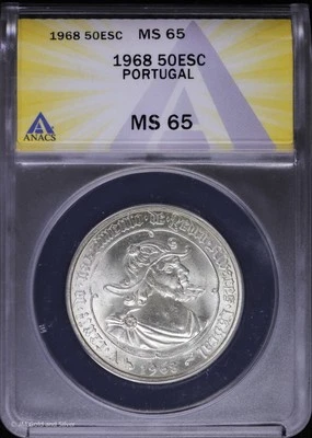 1968 Portugal Silver 50 Escudos ANACS MS 65 | Birth of Pedro Alvares Cabral - Image 1 of 4